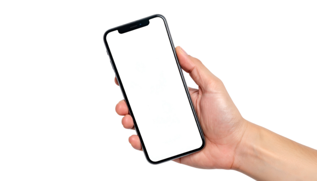 A hand holds a smartphone with a blank white screen against a black background