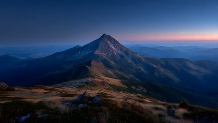 The Mountain peak at golden hour in summer. The long exposure captures  Mountain landscape at sunset Panoloma view.