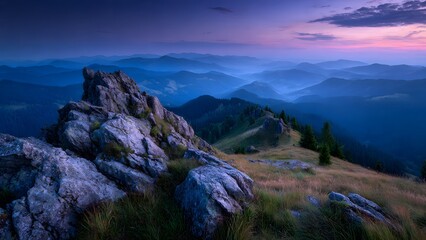 The Mountain peak at golden hour in summer. The long exposure captures  Mountain landscape at sunset Panoloma view.