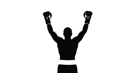 Victorious boxer silhouette with raised arms, celebrating success and achievement. Isolated on white background.