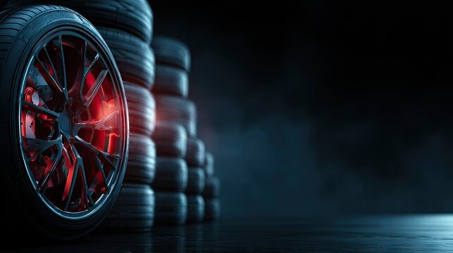Close up of car wheels with stacked tires and red glowing details