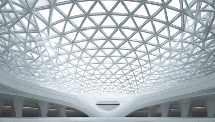 A futuristic, white, architectural space with a geometric glass dome roof and minimalist design