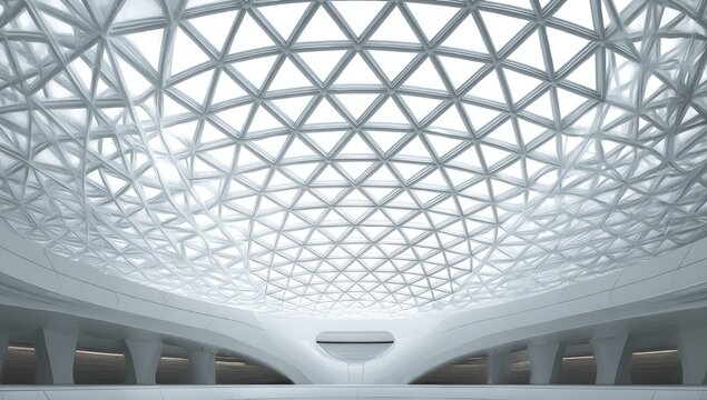 A futuristic, white, architectural space with a geometric glass dome roof and minimalist design - Powered by Adobe