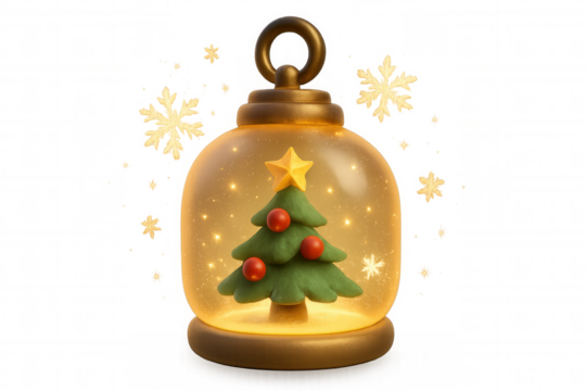 Christmas ornament concept showing snow globe with decorated christmas tree and falling golden snowflakes