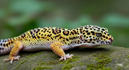 Obraz premium Close-up of a vibrant yellow leopard gecko with black spots, a popular exotic pet reptile, resting on a mossy stone