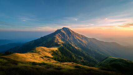 The Mountain peak at golden hour in summer. The long exposure captures  Mountain landscape at sunset Panoloma view.