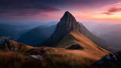 The Mountain peak at golden hour in summer. The long exposure captures  Mountain landscape at sunset Panoloma view.