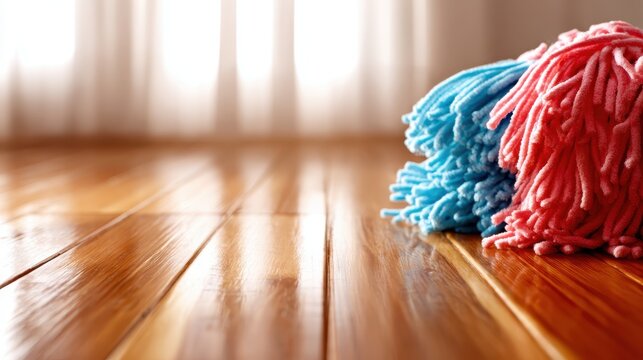 An artistic view of neatly rolled mops in vibrant colors, highlighting the potential for cleanliness and organization. The image reflects cleanliness and household care.