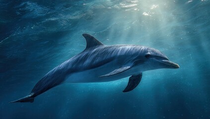 Naklejka premium A sleek dolphin swims effortlessly through sunlit, turquoise waters. Rays of light filter down