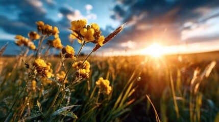 Obraz premium A field of vibrant yellow wildflowers stands out beautifully against the backdrop of a breathtaking sunset illuminated by soft, warm light in a tranquil natural setting.