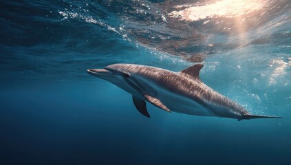 Obraz premium A lone aquatic mammal gracefully swims through the turquoise depths, illuminated by sunlight