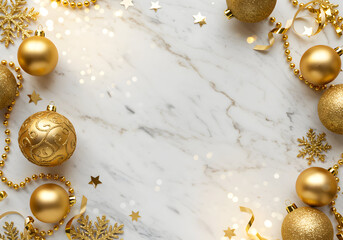 Fototapeta premium Golden christmas ornaments on marble surface
