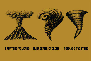 Halftone cyclone, twisting, volcano grunge texture, dotted mountain range, pointillist effect, retro halftone landscape, retro artwork, winter landscape vector illustration, nature scenery.