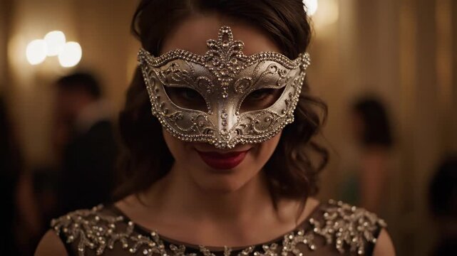 A mysterious and elegant woman with a seductive smile wears an ornate silver masquerade mask at a glamorous ballroom party hiding her true identity in plain sight.

