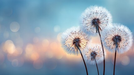 Obraz premium Close up of dandelion seed heads against a softly blurred background