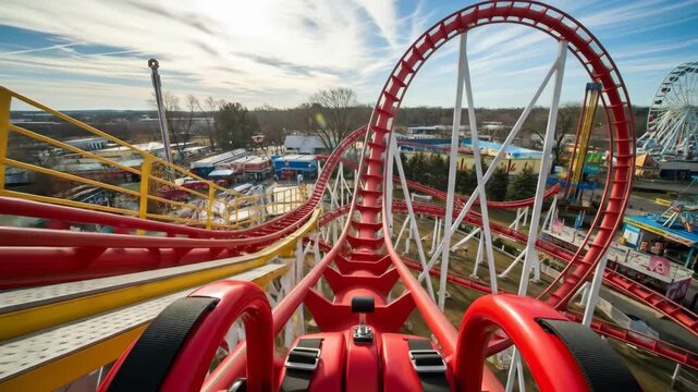 A thrilling first-person point of view from the front seat of a red roller coaster as it speeds along a twisting track in a bustling amusement park.

