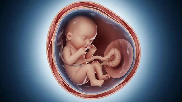 A medically accurate 3D illustration of a human fetus developing peacefully inside the womb at a later stage of pregnancy showing the umbilical cord and amniotic sac.

