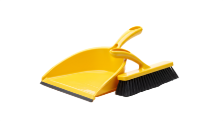 Yellow plastic dustpan and brush set on black. Product photography, lifestyle, housework.