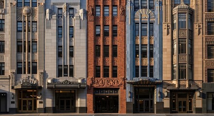 Row of diverse, historic architectural facades with ornate detailing and varied materials.
