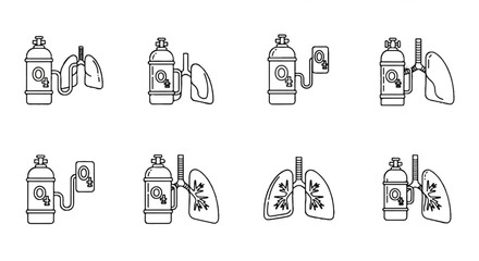 Fototapeta premium Line drawings of various inhalers with lung illustrations on a white background.