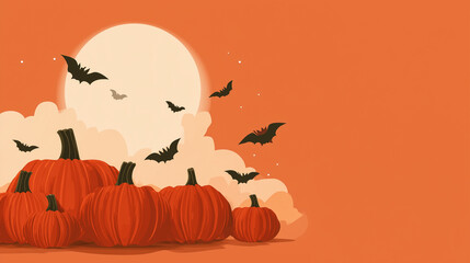 Minimal flat vector Halloween banner pumpkins, bats, and moon warm orange background