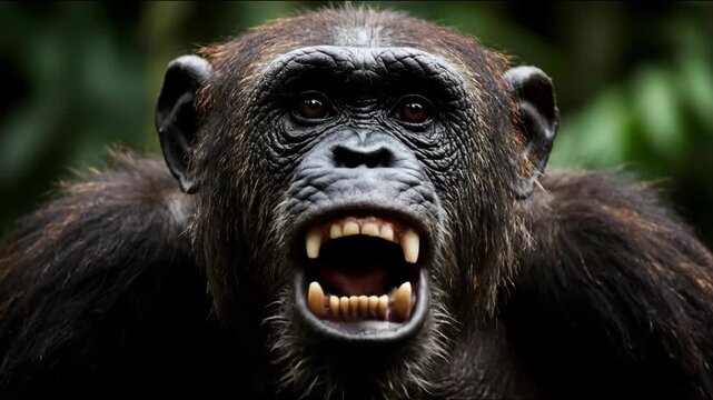 An intense close-up portrait of an angry chimpanzee baring its sharp teeth in an aggressive display of dominance and raw emotion in its natural jungle habitat.

