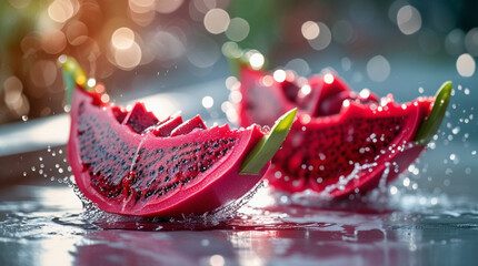 Fresh Red Dragon Fruit Slices with Water Splash