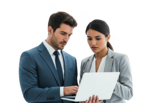 Focused business colleagues in formal wear collaborating on a laptop, isolated on transparent background, showcasing teamwork and technology
