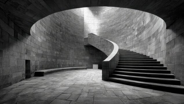 An ascending staircase curves within a circular, stone-walled space, illuminated from above
