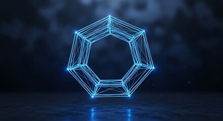 Futuristic geometric structure glowing with blue light, symbolizing innovation and digital connection.