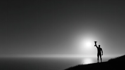 Silhouette of a person holding a trophy at sunset, standing on a hill, overlooking a calm sea