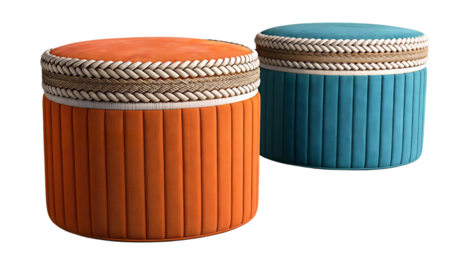 Modern Upholstered Poufs with Braided Rope Trim

