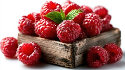 This vibrant image showcases a collection of fresh raspberries nestled in a rustic wooden box, celebrating the beauty of nature and the richness of organic produce.