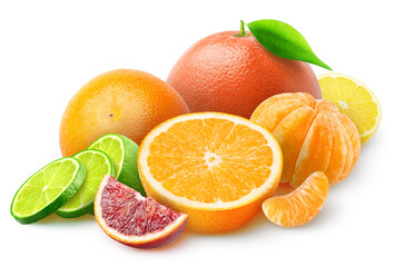 Bunch of citrus fruits. Lime, lemon, orange, grapefruit, tangerine, blood orange isolated on white background