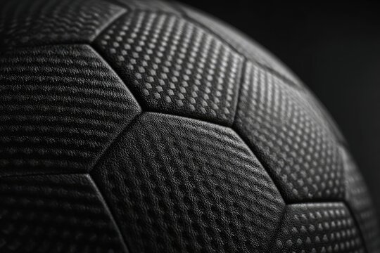 A close-up, grayscale image of a soccer ball, showcasing its geometric patterned surface and textured design