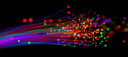 Abstract image with colorful light trails and bokeh on a black background, suggestive of data flow