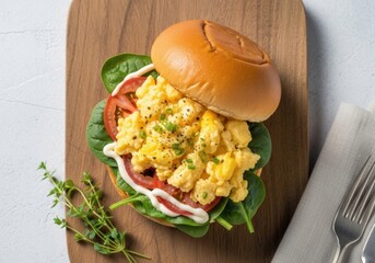 Scrambled Egg Breakfast Sandwich with Spinach, Tomato & Mayo — Top View