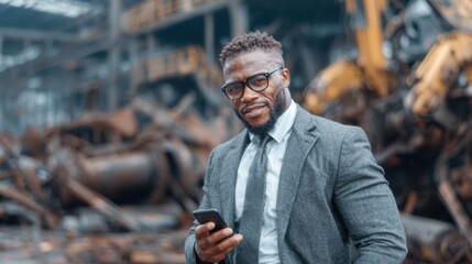 A confident young businessman posed with a smartphone, wearing glasses and a suit, in an industrial background that suggests strength and determination.