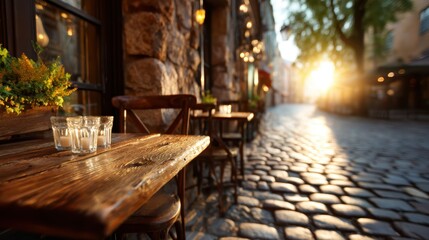 A picturesque street scene at sunset featuring empty tables and glowing lights, creating a warm and inviting atmosphere ideal for relaxing and enjoying good company.