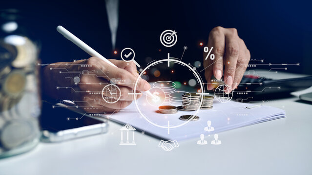 Businessman Planning Investment Strategy with Digital Finance Icons Overlay Financial Technology, Banking, Data Analytics, Currency, Money Growth, Profit, Wealth Management, Accounting, Budgeting. - Powered by Adobe