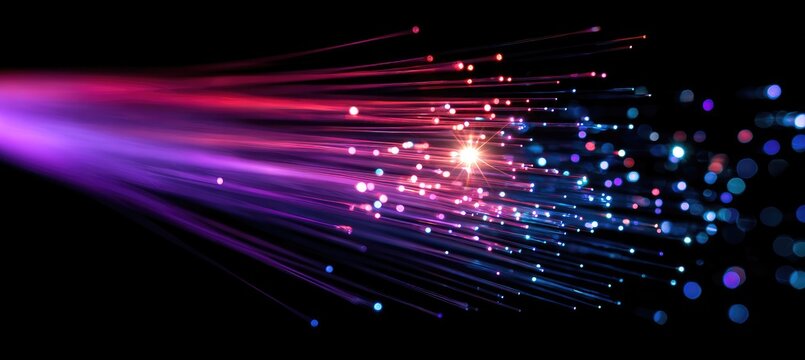 Abstract graphic of a light burst showing a bundle of optical fibers with light trails on black