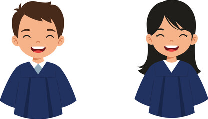 Cartoon Graduates in Blue Gowns Smiling – Vector Illustration of Graduation Ceremony, Academic Achievement, and Student Celebration Theme
