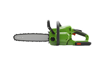 Green chainsaw stands ready against a stark black background, ideal for product photography, tool catalogs, or construction-themed posters.