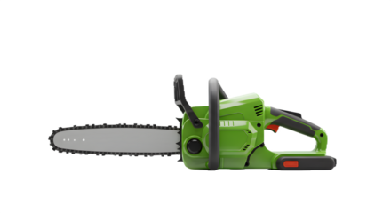 Green chainsaw stands ready against a stark black background, ideal for product photography, tool catalogs, or construction-themed posters.