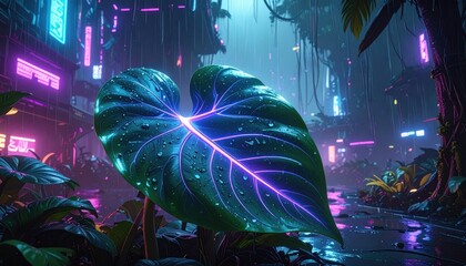 Glowing tropical leaf in a rainy futuristic cyberpunk city with neon lights