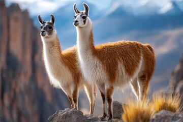Two llamas stand on a rocky outcrop against a mountain backdrop.