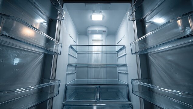 Inside view of an empty, illuminated refrigerator, showcasing shelves, drawers, and a clean interior