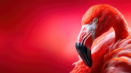 A stunning close-up portrait of a flamingo showcases its vibrant feathers against a bright red background, symbolizing beauty and grace in the natural world.