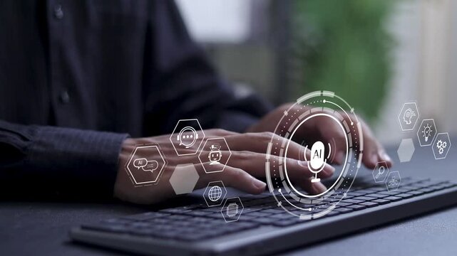 AI voice communication assistant concept. Talking personal assistant, voice application, AI and voice controlled chatbot. Businessman with virtual icon.