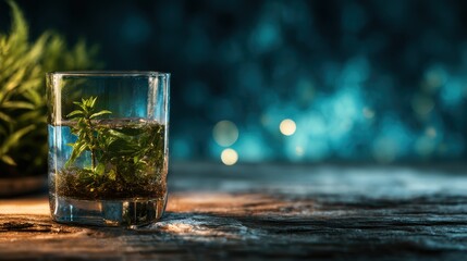 A stylish glass containing fresh mint and herbs submerged in clear water, beautifully lit against a bokeh background, symbolizing refreshment and the essence of nature’s vitality.